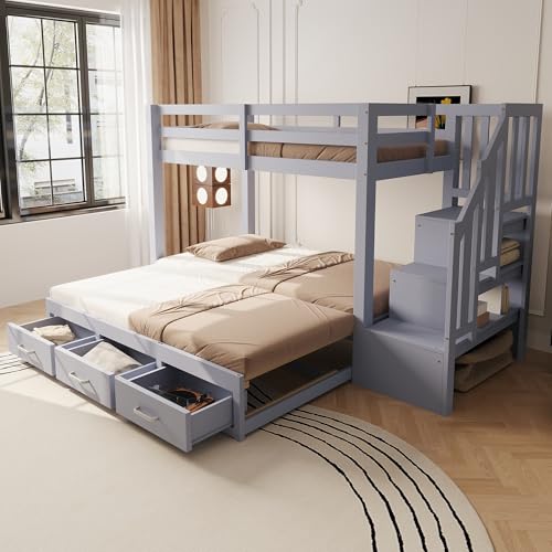 Zravenna Litera de 90 x 200 cm con cama nido y 3 cajones, cama infantil con barandilla estable y armario para escaleras, cama juvenil con somier (gris, 90 x 200 cm)