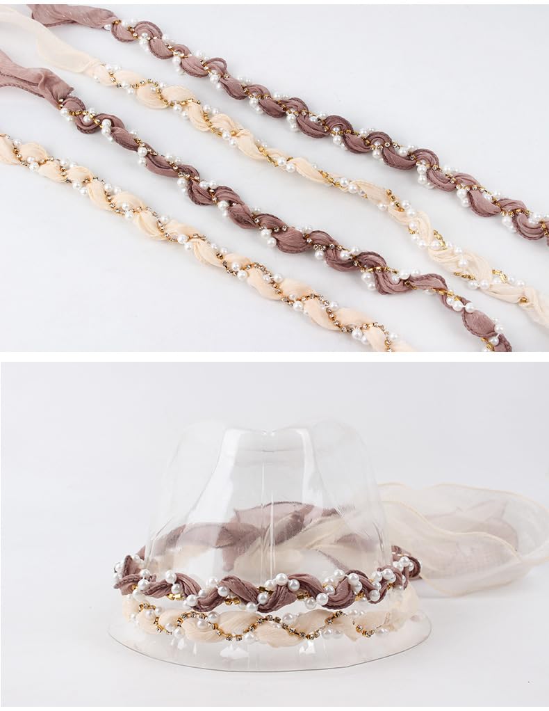 Hutband für Strohhut mit Sonnenhut, Perlen und Blumen-Haarschal, Stirnband für Hochzeit, Sommer, Strand, Haarschmuck für Mädchen, Cremeweiß, Einheitsgröße