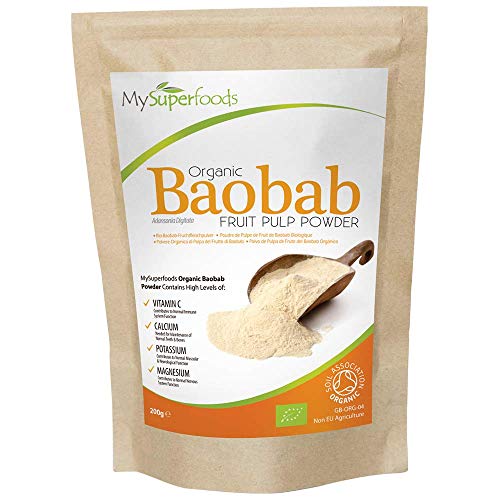 Polvo Orgánico Baobab (200 gramos), MySuperFoods, Repleto de Vitamina C, Calcio, Magnesio, Potasio, Certificado como orgánico por el Soil Association