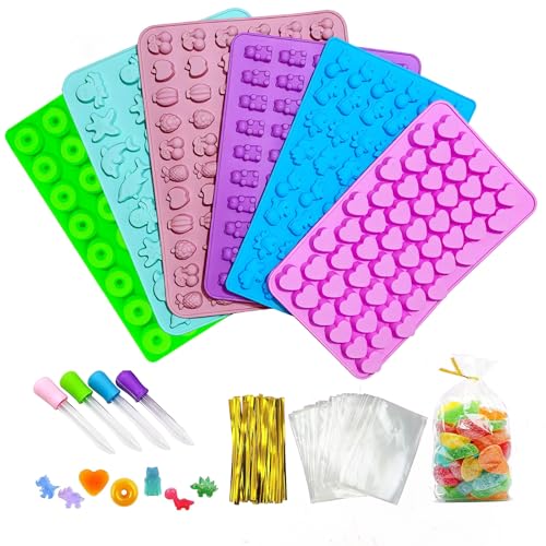 Gykutix 6 Piezas Formas para Gomas de Gelatina Reutilizable Moldes de Silicona para Caramelos con 4 Pipetas + 50 Bolsas De Dulces para Chocolate Dulce Azúcar Cubitos Hielo