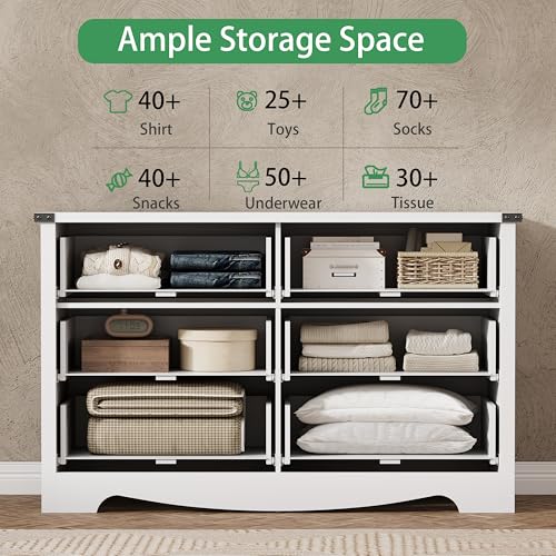 Image of Dresser for Bedroom with 6 Drawers, 48 inch Wide Modern Chest of Drawers with Deep Drawers & Mental Handle, Wood Dresser TV Stand, Wooden Closet Storage Organizer for Living Room, Hallway, Entryway, White