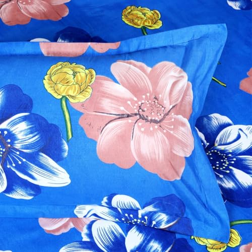 Image of ROMEE Elegant Floral Printed Glace Cotton Double Bedsheet, 144 TC Soft Feel, Queen Size (90 x 100 Inches), with 2 Pillow Covers, Blue