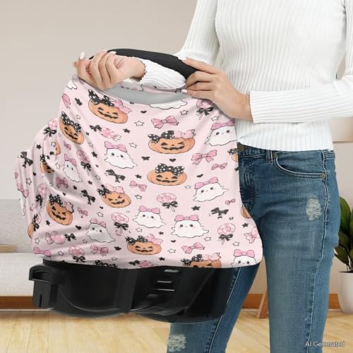 Image of Wanyint Car Seat Covers for Babies Girls Boys, Stretchy Carseat Canopy Soft Baby Breastfeeding Nursing Scarf Infant Stroller Cover Halloween Decor, Cute Ghost Pumpkin Bow Pink