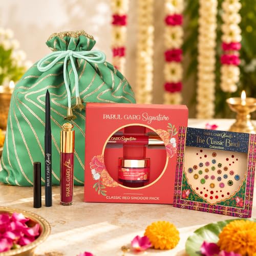 Image of Parul Garg Beauty Teej Shringar Pack | Festive Makeup Gift Set with Juliet Rose Silk Matte Liquid Lipstick, Kajal, Signature Sindoor, Utsav Bindi Patta | Potli Colour May Vary