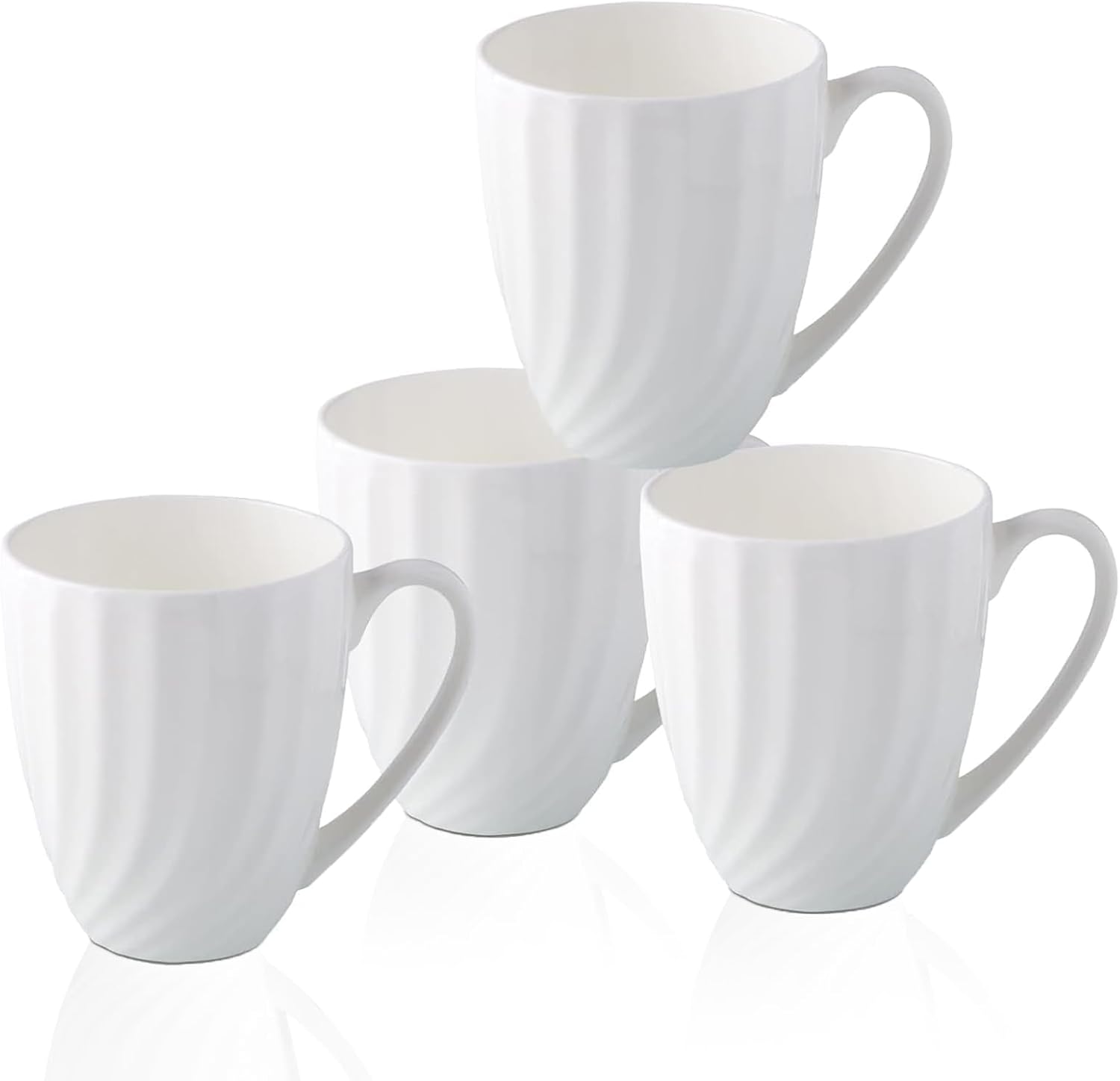 Fine Bone China White Coffee Mugs Set of 4 (12 oz), Ceramic Spiral Pattern Tea Cups, Thin China Coffee Cups, Lightweight Coffee Mugs for Hot Chocolate, Latte, Cappuccino