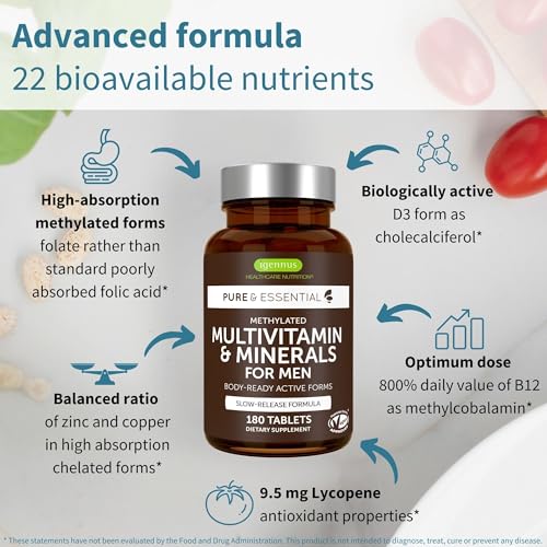 Image of Igennus Methylated Men's Multivitamin with 22 Actives, Added Lycopene for Antioxidant Support, High Potency B12, Sustained Release, Pure & Clean, Non-GMO & Halal, 180 Tablets