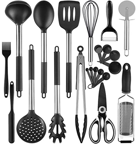 Ustensiles de Cuisine Silicone Inox Noir 22 Pcs Eplus Living, Ustensiles Cuisine Accesoires Cuisines Spatule Cuisines Ciseaux Cuillère de Cuisines , Sans BPA Antiadhésif Résistant aux Rayures Chaleurs