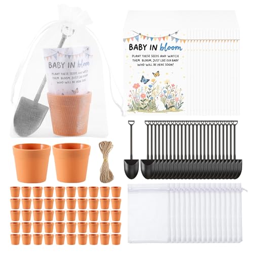 Ansberta 200 PCS Baby Shower Party Favor for Guests Include 50 Flower Seed Packets 50 Pots 50 Organza Bags 50 Garden Shovel for Baby Shower Birthday...