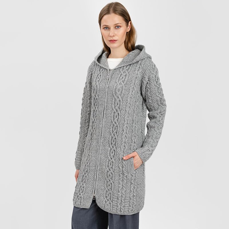 Image of SAOL 100% Merino Wool Aran Irish Cardigan for Women with Pockets, Hood and Celtic Zipper