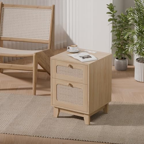 Modern Rattan Nightstand Set of 2, Wicker Rattan Stand with Drawer and Charge Station, Wooden Bedside Table for Small Spaces, Natural Wood Side Table for Bedroom (with Charging Station, 2) - Image 5
