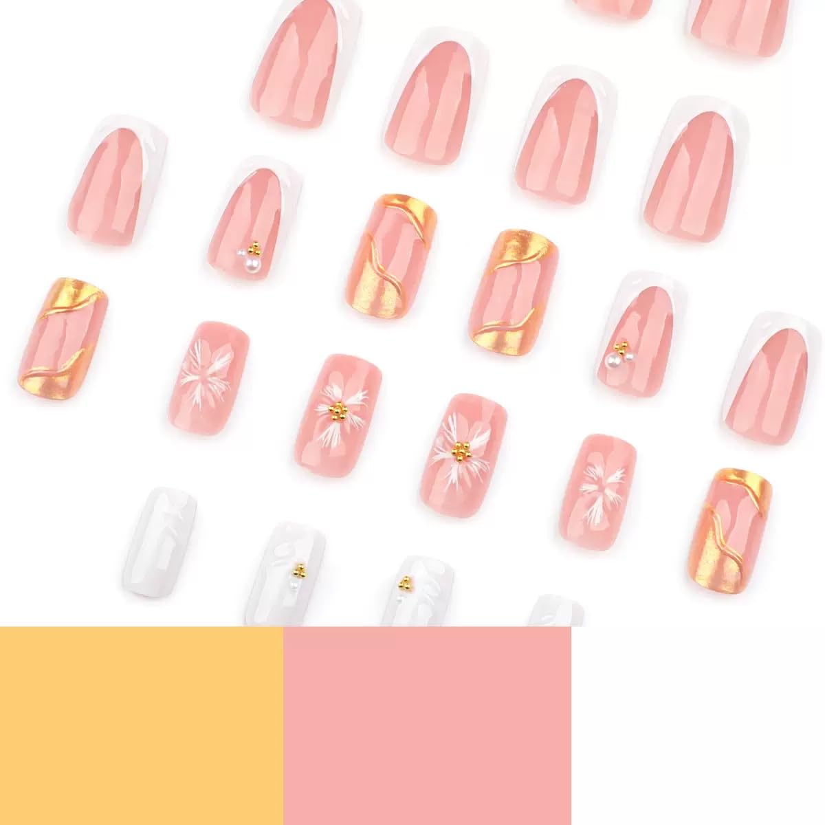 CTTHNBD Künstliche Nägel, quadratisch, mittelgroß, weiß, mit französischer Spitze und 3D-Wellenmuster, elegant, selbstklebend, volle Abdeckung für Damen, 24 Stück