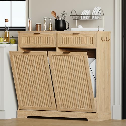 2 x 13 Gallons Double Tilt Out Trash Can Cabinet, Trash Cabinet,Natural Oak