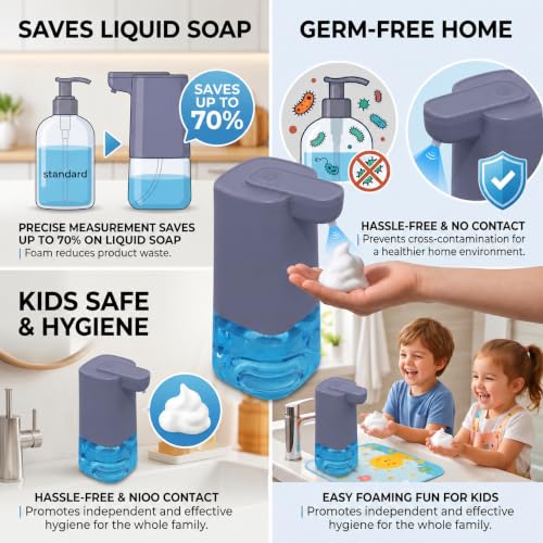Image of Automatic Foaming Soap Dispenser with 200ml Foaming Handwash Refill Included, 350ml Touchless Soap Dispenser, Smart Infrared Sensor,IPX4 Waterproof for Kitchen & Bathroom (Grey)