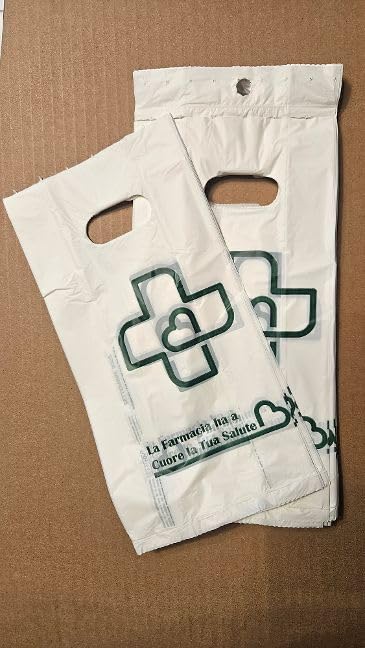 buste sacchetti FARMACIA 2000 pezzi con manico a fagiolo BIODEGRADABILI formato 14+8x26+3