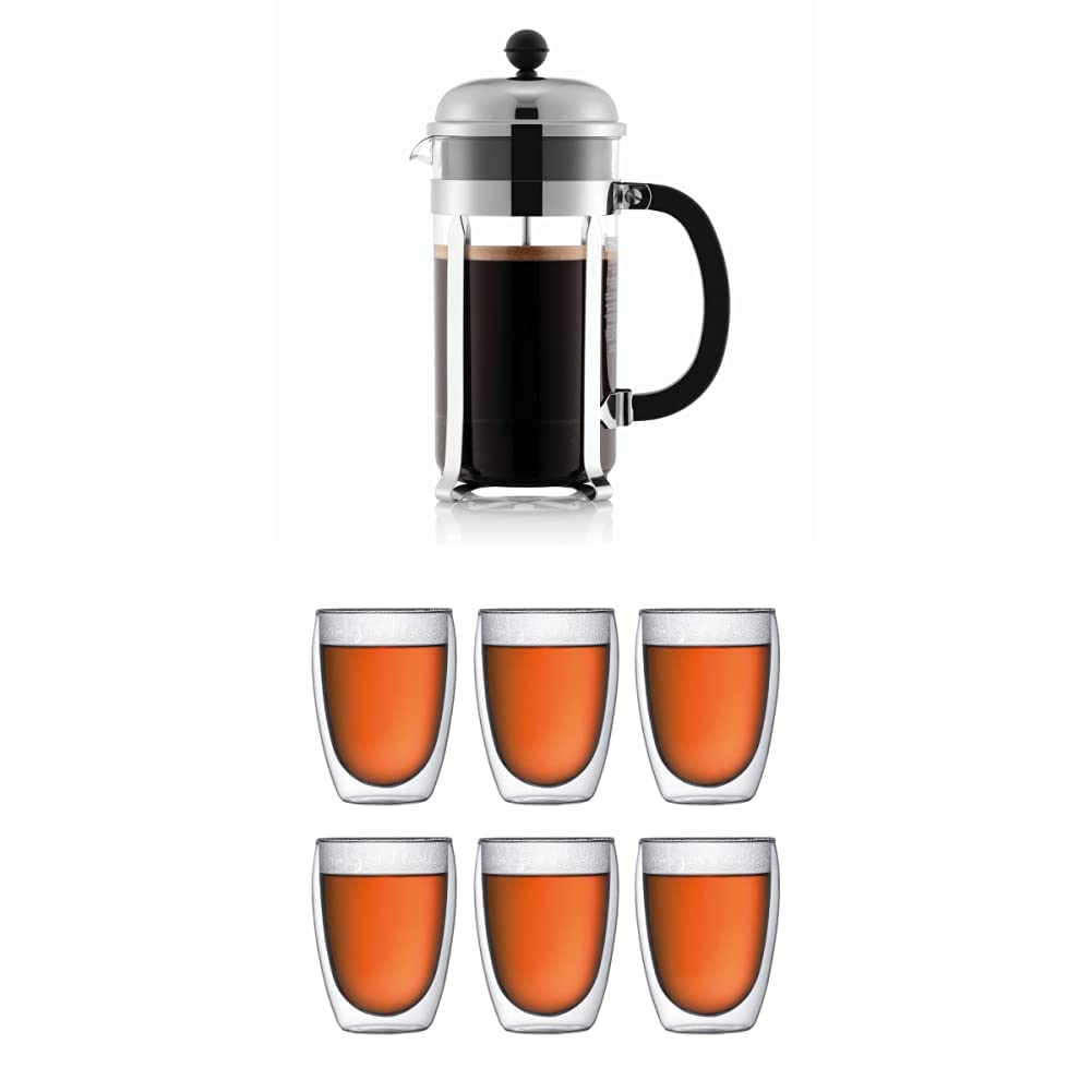 Bodum chambord Kaffeebereiter, 1.0l, glänzend, Pavina 6-teiliges Gläser-Set (Doppelwandig, 0.35 liters), transparent