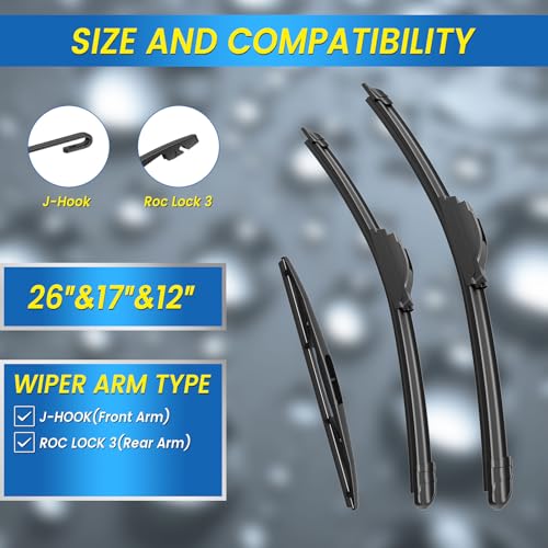 Image of Gavimnal Silicone Wiper Blades Replacement For Honda CR-V 2017-2022 | 26 inch+17 inch Front & 12 inch Rear, All-Weather, Streak-Free, OE-fit, Quiet, Easy One-Click Install