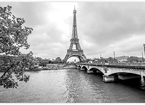 wall26 - Paris Eiffel Tower from Seine. Cityscape in Black and White - Removable Wall Mural | Self-Adhesive Large Wallpaper - 100x144 inches