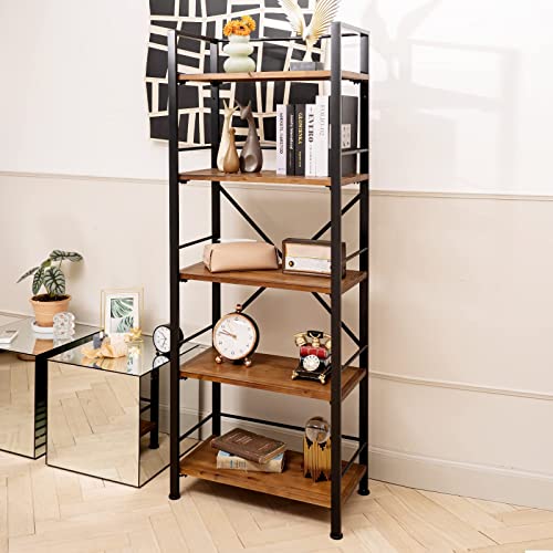 Crofy Rustic Bookshelf, 5 Tier Real Wood Bookshelf, Metal Book Shelf For Storage, Bookcase For Office Organization And Storage, 12.6 D X 23.62 W X 64.17 H Inches, Black #TOP7