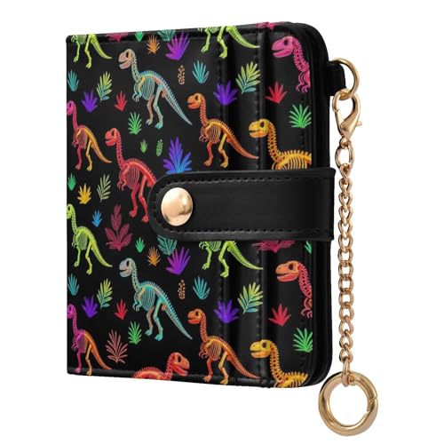 Portefeuille femme compact avec poche avant et motif dinosaure T-rex arc-en-ciel pour cartes