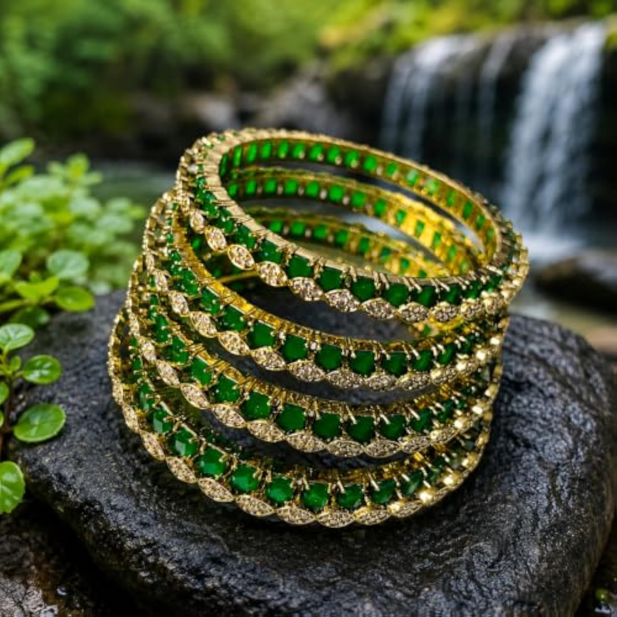 4pc Gold Finish Bangles with Green Stone Accents