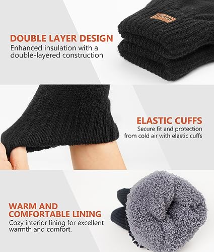 HIYATO Handschuhe herren, Verdickte Touchscreen Winterhandschuhe, Warme Strickhandschuhe mit Fleece Innenfutter für Damen und Herren (Schwarz)