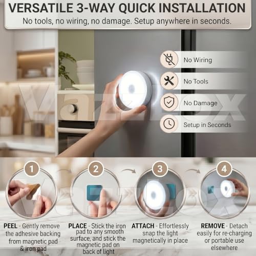 Image of VazzLox Motion Sensor LED Light (White | Pack of 2) Wireless USB Rechargeable Self-Adhesive Motion Sensor Light for Home Indoor Auto On /Off Cabinet Light Wardrobe Lights with Sensor Stairs Night Light