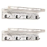 UOMIO Vintage Wandgarderobe, 2er Set Garderobenleiste mit 4 Doppelhaken Ablage, Rustikales Wandregal Holz für Wand Tür Kleiderhaken im Wohnzimmer Küche Weiß