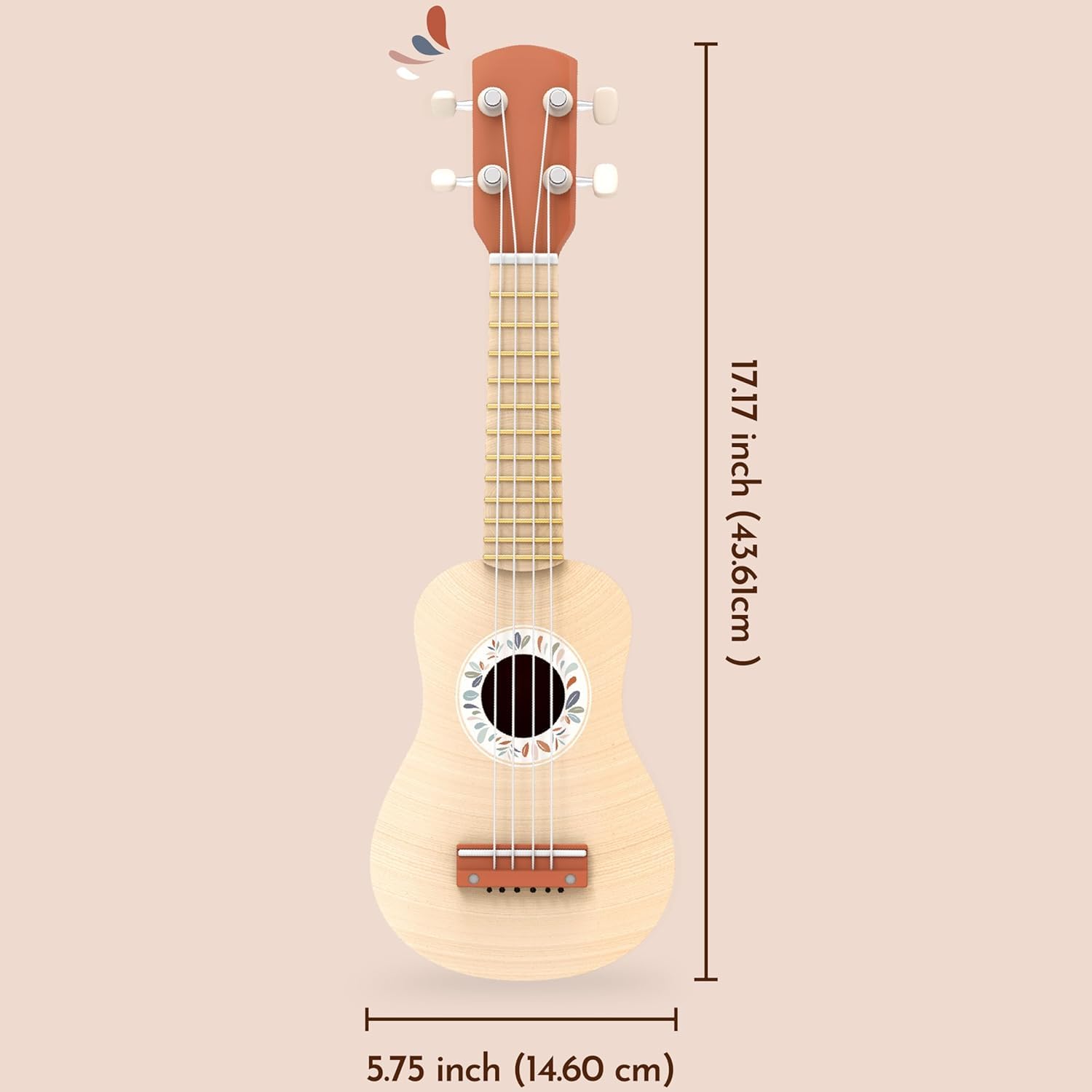 Speedy Monkey 16-Inch Kids Ukulele Toy | FSC® Certified Wooden Musical Instrument for Toddlers and Children | Safe Design Kid's Musical Toy with 4 Nylon Strings, Terracotta & Wood Finish