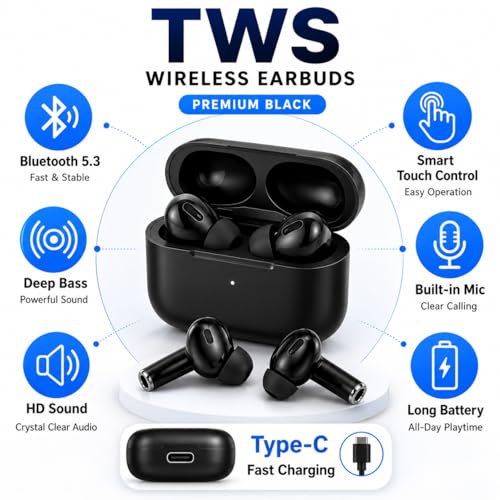 Image of TWS Earbuds with BT 5.3, Touch Control, Deep Bass, Mic, Type-C Charging (1, Black)