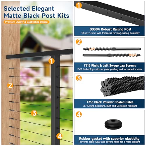 Image of 36 inch Black Cable Railing Post, T304 Stainless Steel Level Drilled Railing Post with Black 1 /8 inch Cable, Surface Mount Powder-Coated Railing Post for Indoor Outdoor Deck Fence Porch System