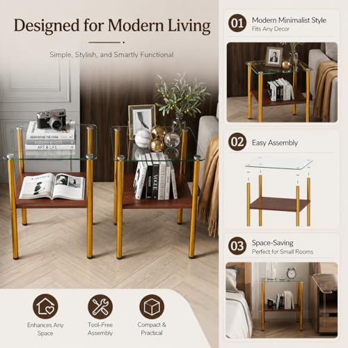 Image of Glass Side Table Set of 2, 16 inch Square End Table with Clear Tempered Glass Top for Small Space, 2-Tier Bedside Table Sofa Couch Table, Nightstands Set of 2 Accent Table for Living Room, Apartment
