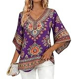 3/4 Length Sleeve Boho Print Tops for Women 2026 V Neck Vintage Casual Hawaiian Travel Tops Shirts Blouses Vacation Purple