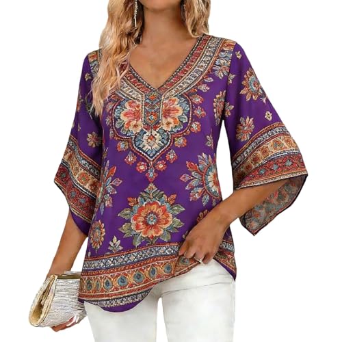 3/4 Length Sleeve Boho Print Tops for Women 2026 V Neck Vintage Casual Hawaiian Travel Tops Shirts Blouses Vacation Purple