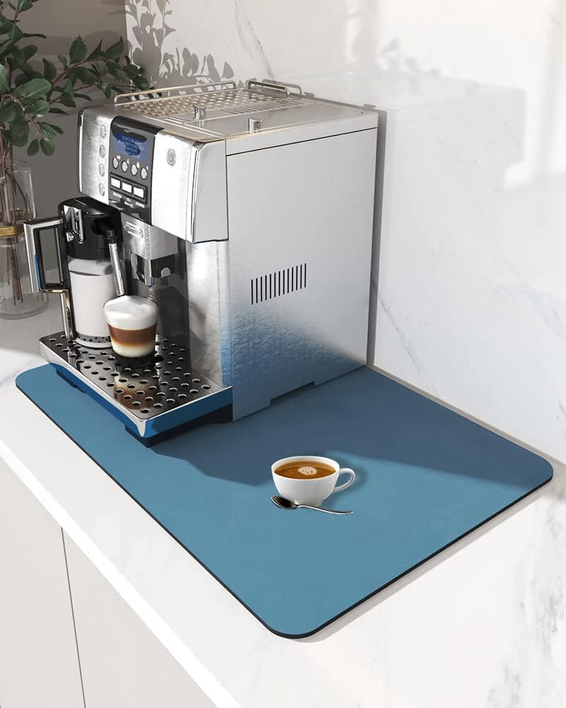 quxup Coffee Mat Absorbent Coffee Bar Mat for Kitchen (40x60cm) Hide Stain Rubber Backed,Super Absorbent Draining Mat, Coffee Bar Accessories Fit Under Coffee Pot (16"x24", Blue)