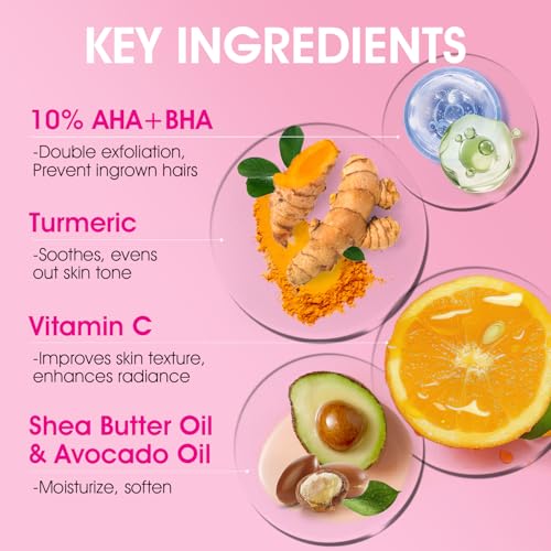 Bikini Area Exfoliator with 10% AHA+BHA & Turmeric, Ingrown Hair & Razor Bumps for Bikini Underarm Area, Skin Moisturizing, Smoothing, Even Skin Tone Exfoliating Body Scrub with Walnut Shell Powder