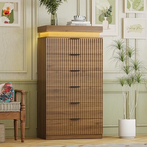 Image of Tall 6 Drawer Dresser with LED Lights and Charging Station, 53 inch Tall Wood Fluted Dresser for Bedroom, Walnut Modern Chest of Drawers for Closet Organizer Cabinet for Living Room, Hallway