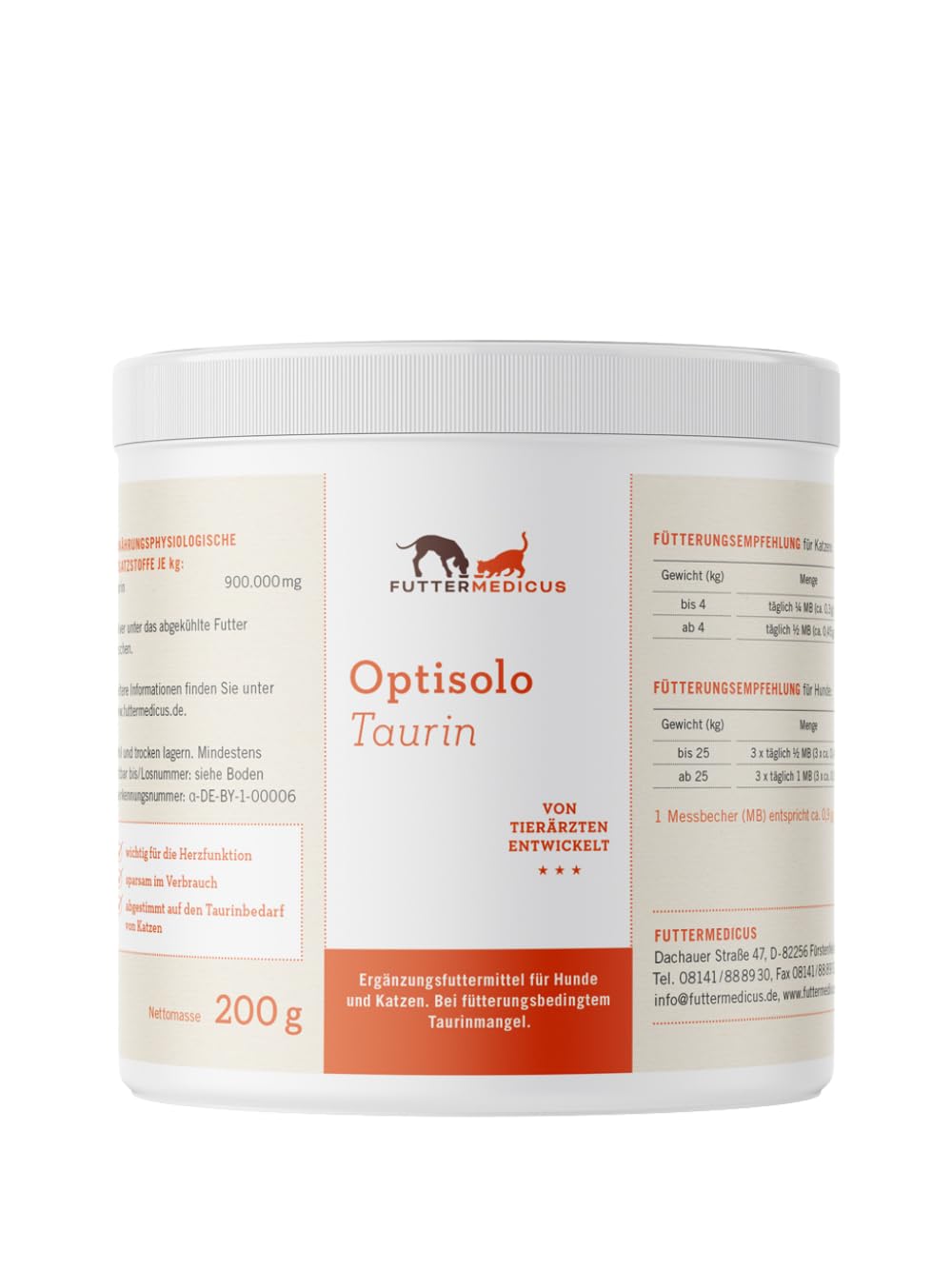 Optisolo Taurin | 200 g | Ergänzungsfuttermittel für Hunde und Katzen | Bei ernährungsbedingtem Taurinmangel | Zum BARFen und Kochen geeignet | Geschmacksneutral