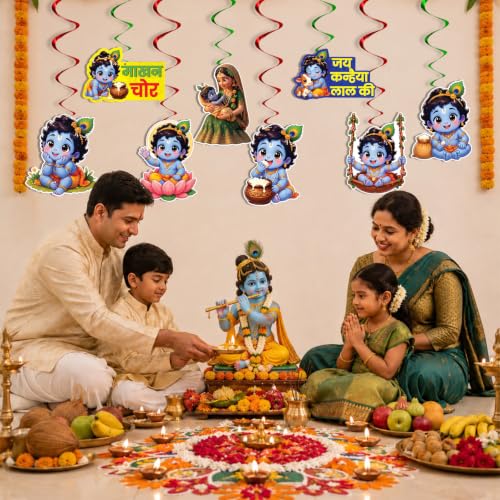 Image of Party Propz Janmashtami Decoration Hanging Swirls with Cutouts for Janmashtami Special Decoration - 12 Pcs Krishna Cutouts Items for Home, Kanha Decorations Items and Festival Decor