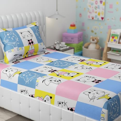 Image of Filymore Cat Single Bedsheet for Girls Kid Bedsheet for Small Size Bed 240 TC Microfiber Soft Cartoon Bedcover for Kids Room 90x60 Inches Yellow and Blue
