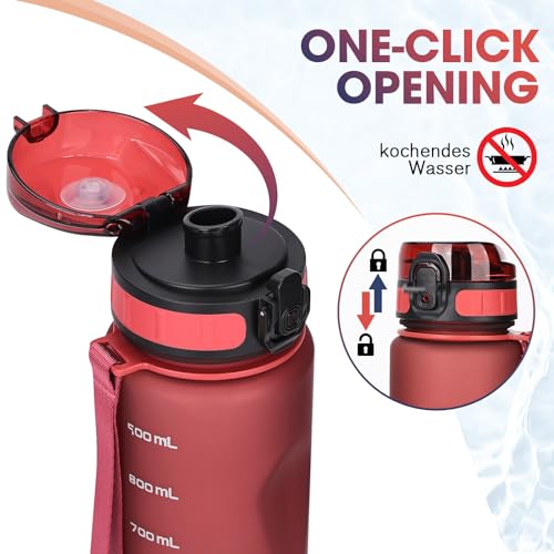 AOPREL Trinkflasche 1L Sport Trinkflasche Wasserflasche Auslaufsicher Trinkflaschen BPA Frei Sportflasche mit Kapazitätsskala für Die Outdoor, Schule, Camping