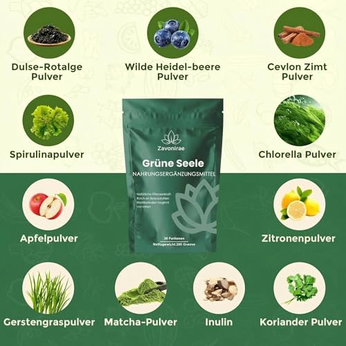 Grüne Entgiftungspulver, Superfood Pulver Helfer, 200g Greens Pulver, Pflanzenpulver mit Matcha, Gerstengras, Heidelbeeren, Rich in Macronutrients, Micronutrients & Fiber
