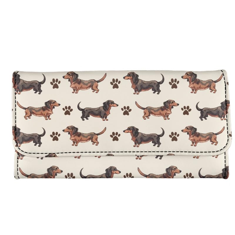 Dachshund Dogs Print Credit Card Wallet for Women Tall Billfold Secretary Cash Wallet,Cute Puppy Dog Paws Trifold Card Holder Ladies Phone Clutch, Beige4