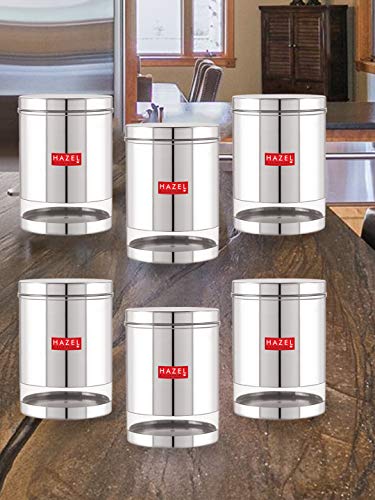 Image of HAZEL Stainless Steel Containers Set for Kitchen | 3000 ml Each Storage Transparent See Through Glossy Finish Storage Jars Dabba, Set of 6