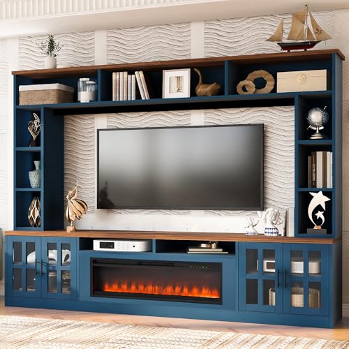 95.5' Entertainment Wall Unit Set with 39.4' Fireplace, Modern TV Stand for Televisions Up to 80', Large Media Console with Cabinets and Tempered Glass Doors for Living Room, Navy Blue