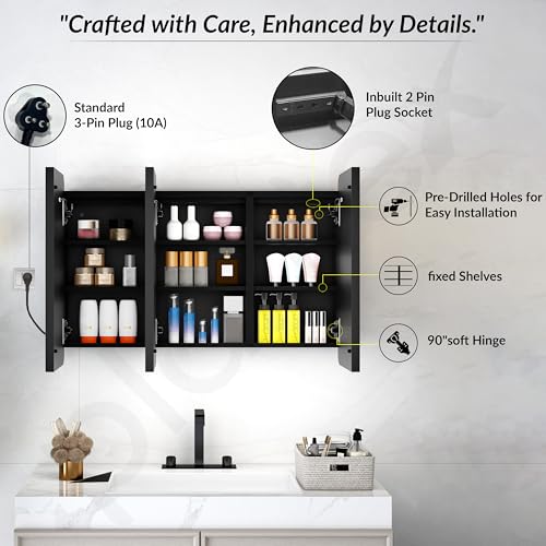 Image of Plantex 304 Stainless Steel Bathroom Cabinet with Mirror /LED Mirror Cabinet for Wall /Triple Door Bathroom Cabinet Storage /Bathroom Organiser Cabinet (36X24 Inch- Defogger /Black)