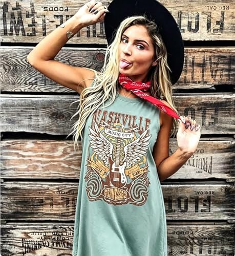 Image of Vintage Rock Country Music Dress for Women Rock Concert Band Graphic Tshirt Casual Letter Print Short Dress