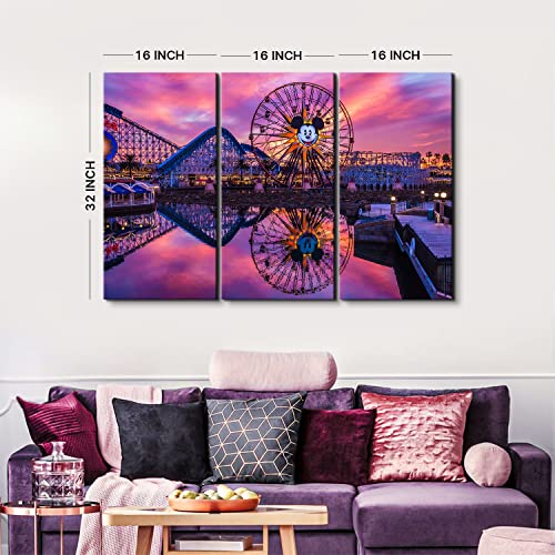 Arebolo 3 Piece Disney Canvas Wall Art Large Sunset Disneyland Castle Park Landscape Photo Prints Pictures For Living Room Office Ferris Wheel Panoramic Posters Castle Park Paintings Artwork Decoration 16X32 Inch thumb #2