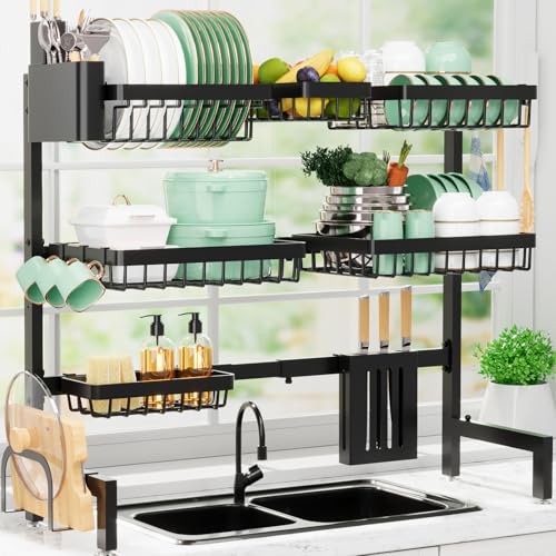 Sakugi Dish Drying Rack - Over The Sink Dish Drainer Drying Rack with Utensil & Knife Holder, Hooks, Stainless Steel Kitchen Organizers and Storage Solution, 11.8