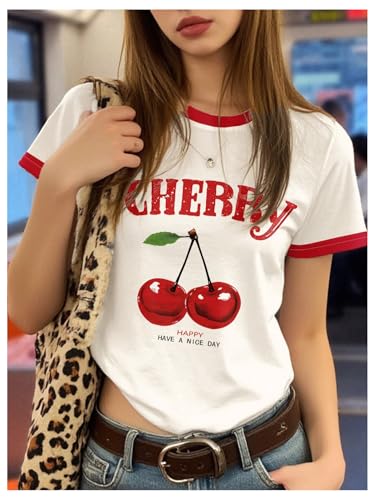 Girls Cherry Shirt Short Sleeve Colorblock Graphic Tees Cute Summer Shirts Y2k Aesthetic Clothes3