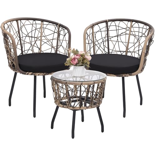Image of Kromax 3-Piece Patio Modern Bistro Set, Natural /Black | Outdoor All-Weather Wicker Furniture Chairs and Side Table Set, Ideal for Balcony, Porch and Backyard